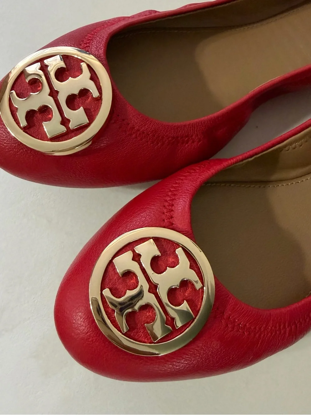 Tory Burch Red Leather Ballet Flats with Gold Logo